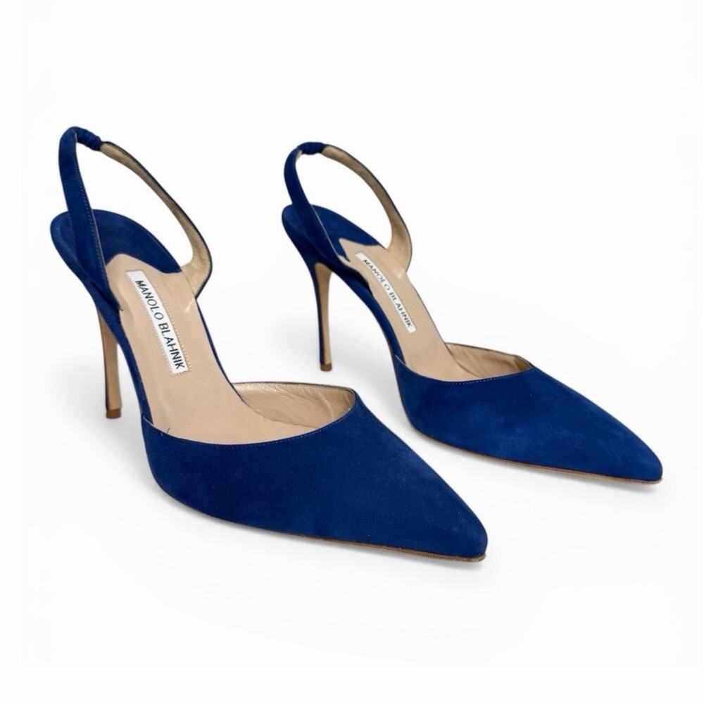Manolo Blahnik Royal Blue Suede Slingback Heels Pointed Toe Pumps Size 39.5